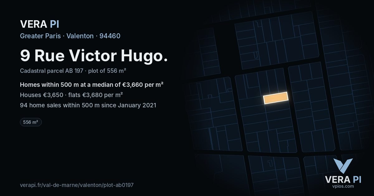 9 Rue Victor Hugo, Valenton at night – the plot lit, the parcels around coloured by the prices near them