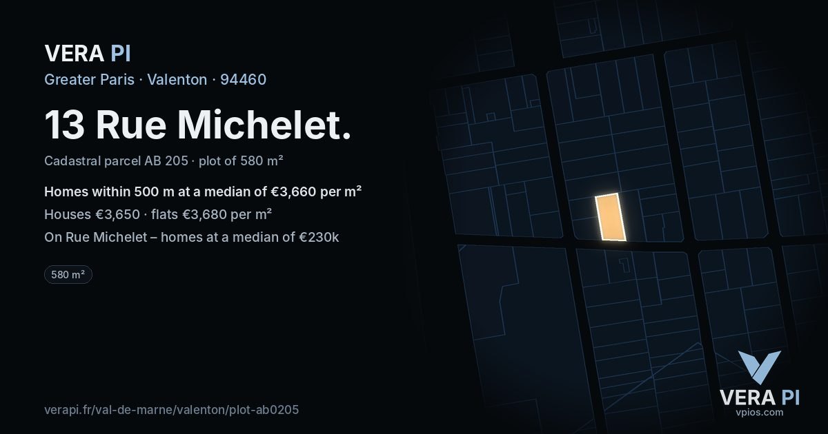 13 Rue Michelet, Valenton at night – the plot lit, the parcels around coloured by the prices near them