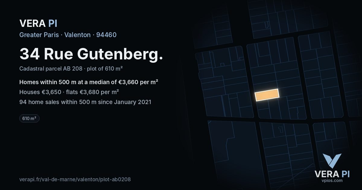 34 Rue Gutenberg, Valenton at night – the plot lit, the parcels around coloured by the prices near them