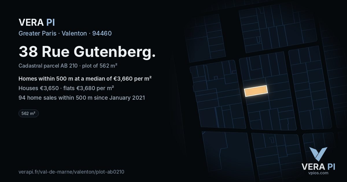 38 Rue Gutenberg, Valenton at night – the plot lit, the parcels around coloured by the prices near them