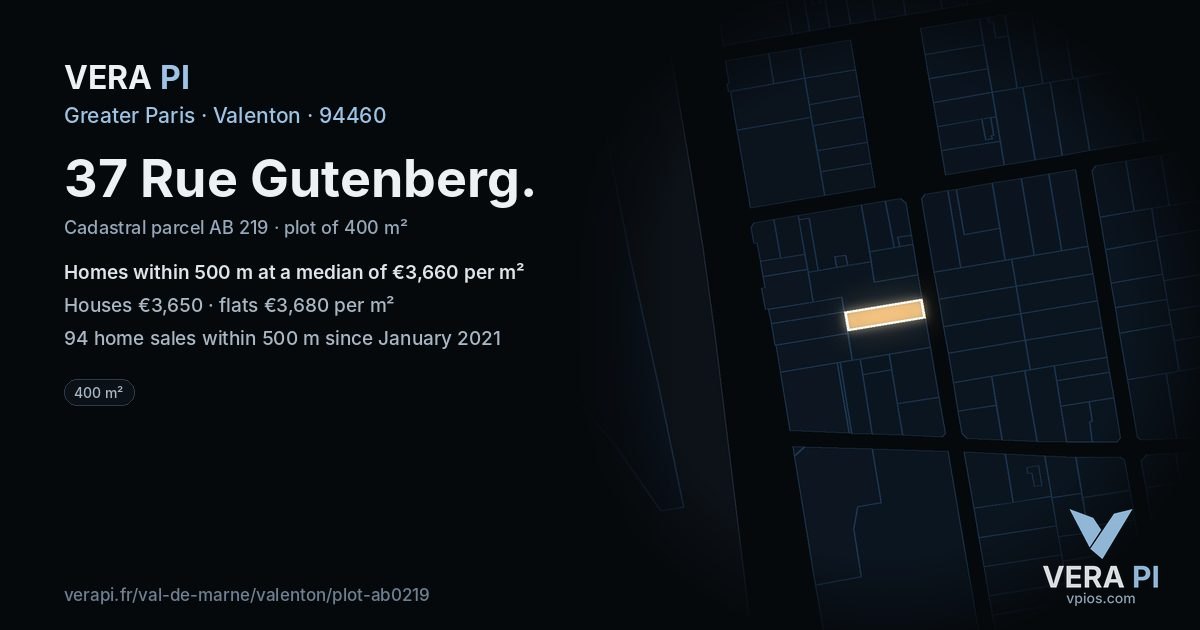 37 Rue Gutenberg, Valenton at night – the plot lit, the parcels around coloured by the prices near them