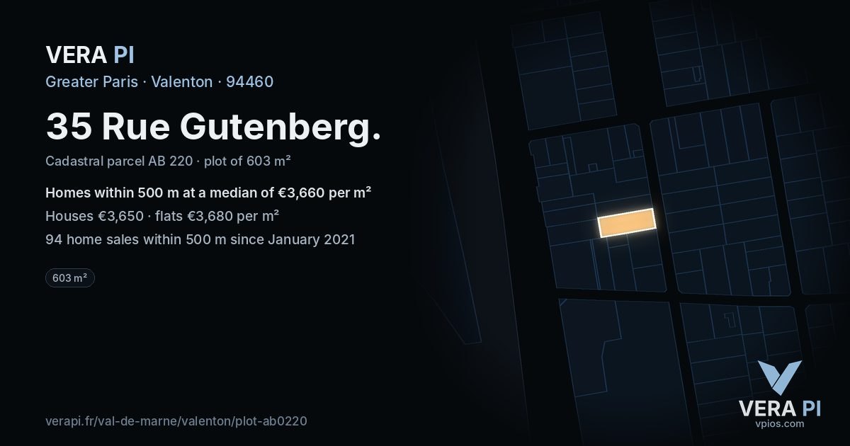 35 Rue Gutenberg, Valenton at night – the plot lit, the parcels around coloured by the prices near them