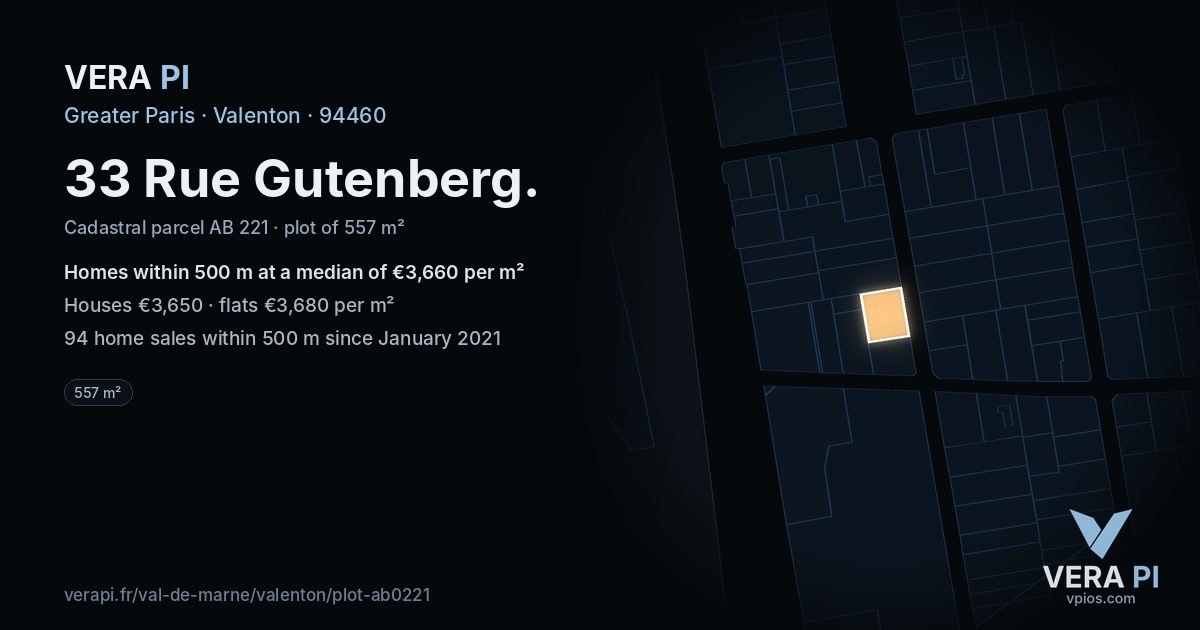 33 Rue Gutenberg, Valenton at night – the plot lit, the parcels around coloured by the prices near them