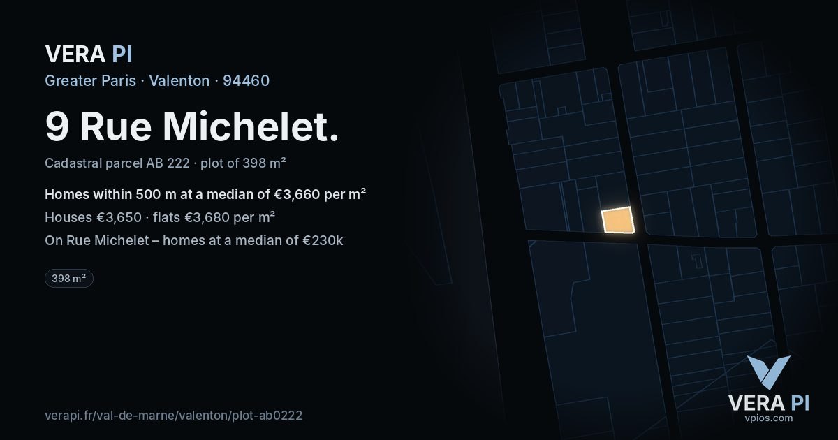 9 Rue Michelet, Valenton at night – the plot lit, the parcels around coloured by the prices near them