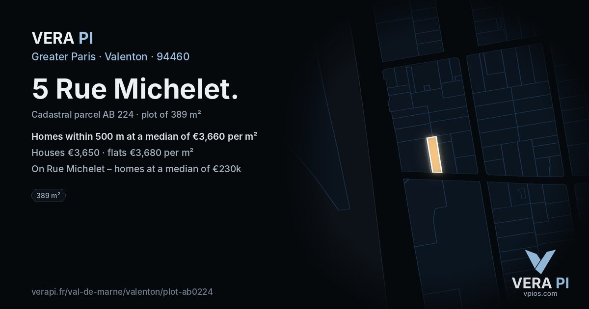 5 Rue Michelet, Valenton at night – the plot lit, the parcels around coloured by the prices near them