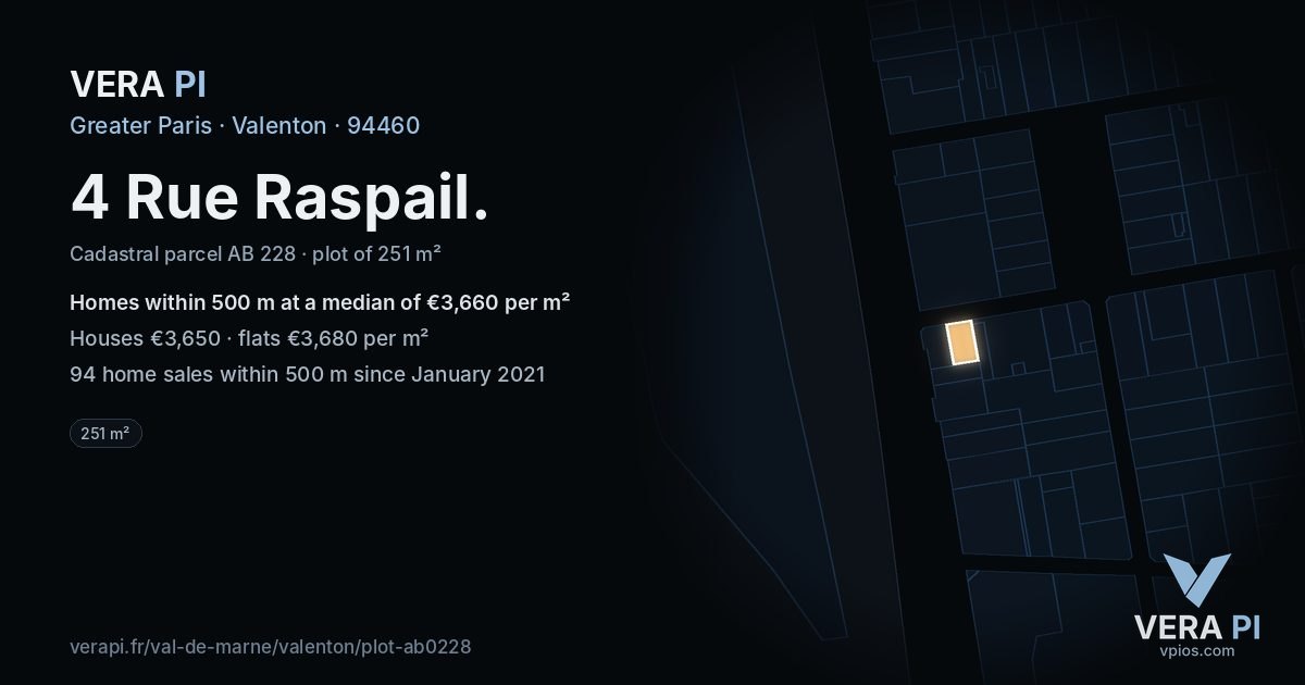 4 Rue Raspail, Valenton at night – the plot lit, the parcels around coloured by the prices near them