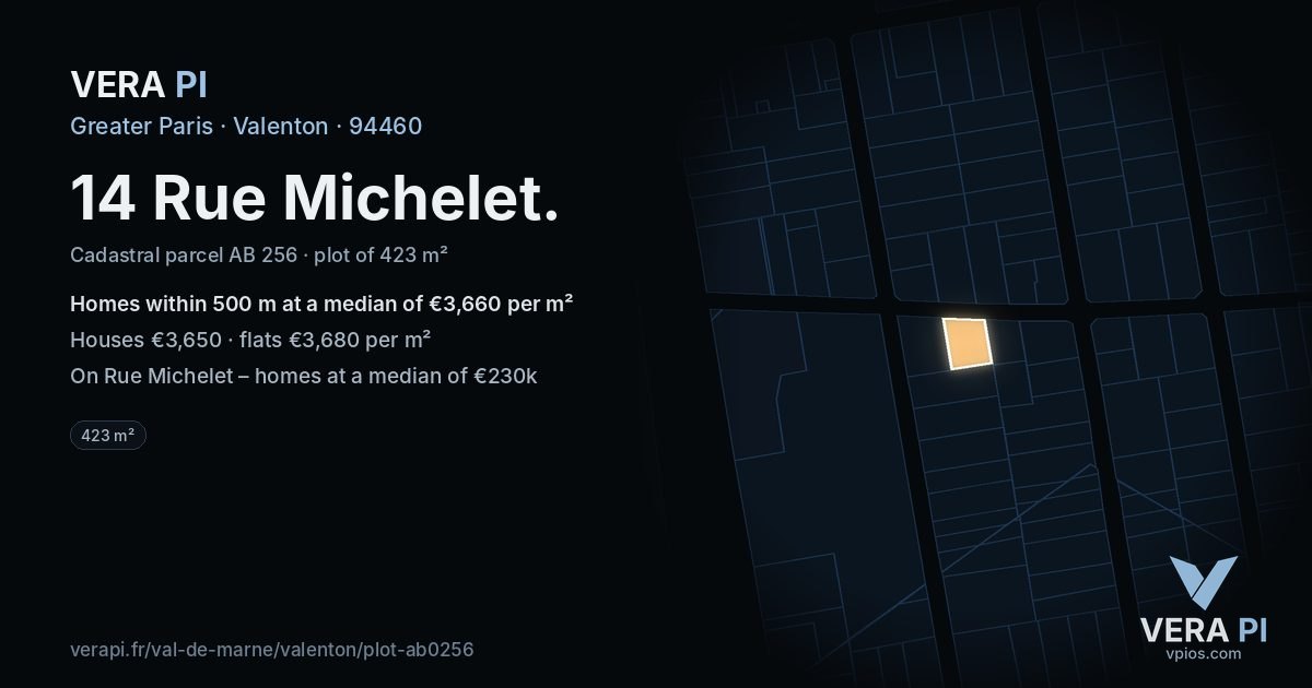 14 Rue Michelet, Valenton at night – the plot lit, the parcels around coloured by the prices near them