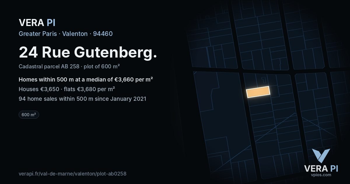 24 Rue Gutenberg, Valenton at night – the plot lit, the parcels around coloured by the prices near them