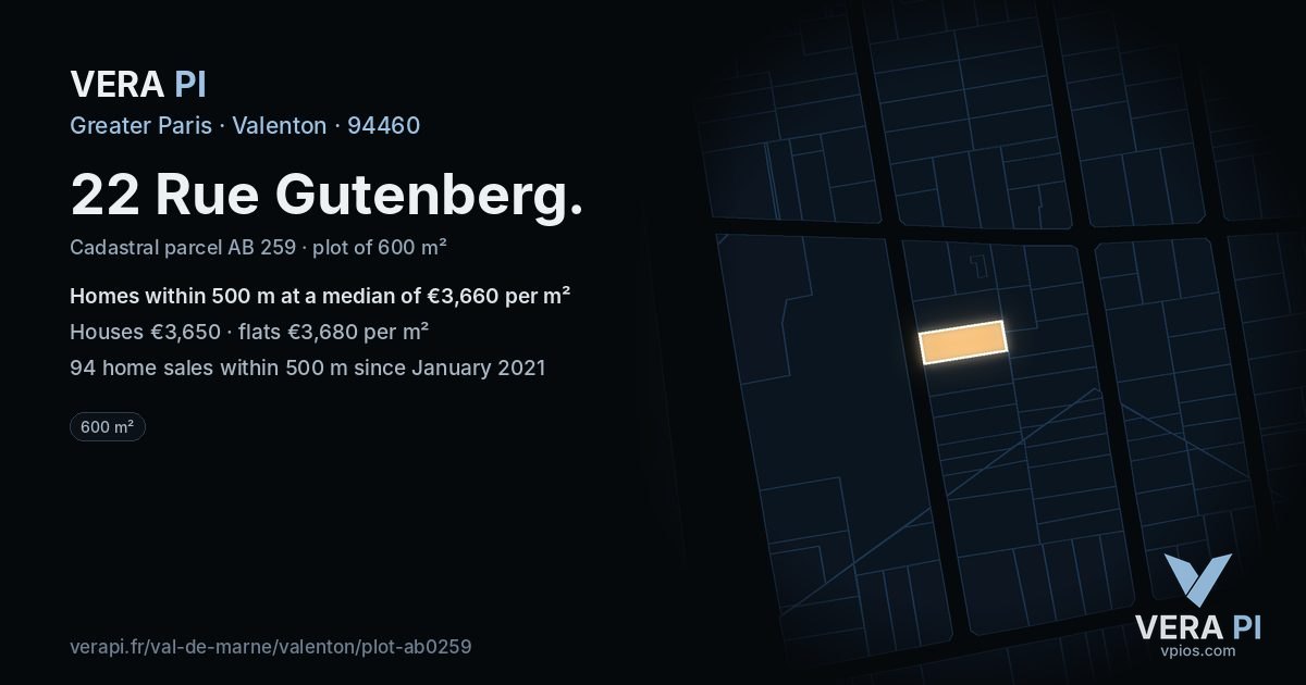 22 Rue Gutenberg, Valenton at night – the plot lit, the parcels around coloured by the prices near them