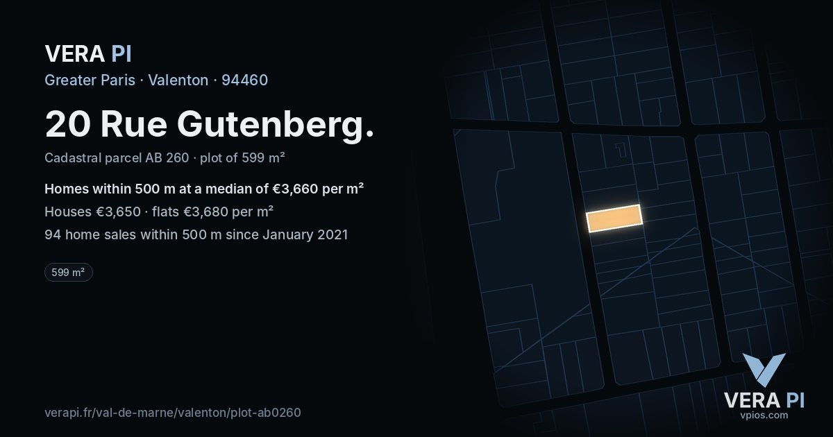 20 Rue Gutenberg, Valenton at night – the plot lit, the parcels around coloured by the prices near them