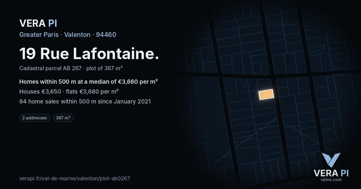 19 Rue Lafontaine, Valenton at night – the plot lit, the parcels around coloured by the prices near them