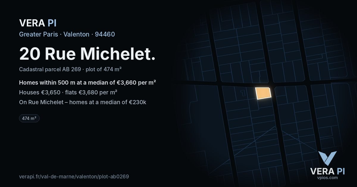 20 Rue Michelet, Valenton at night – the plot lit, the parcels around coloured by the prices near them