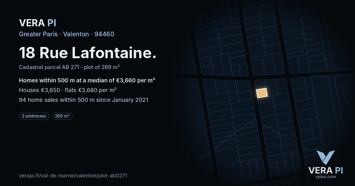 18 Rue Lafontaine, Valenton at night – the plot lit, the parcels around coloured by the prices near them
