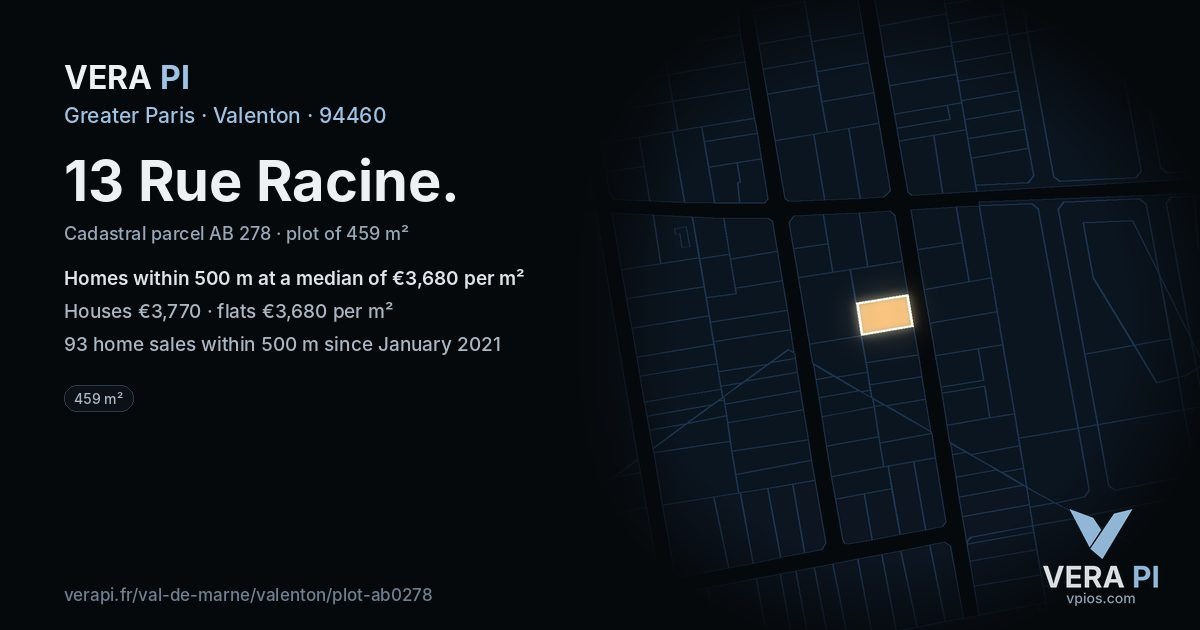 13 Rue Racine, Valenton at night – the plot lit, the parcels around coloured by the prices near them