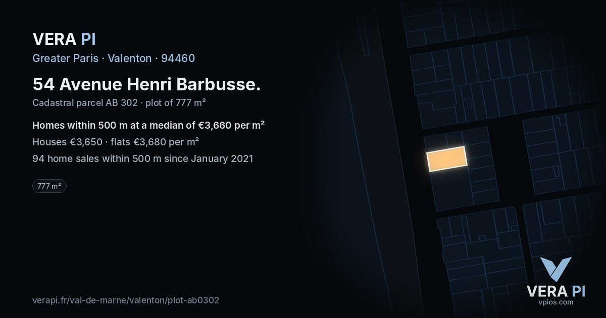 54 Avenue Henri Barbusse, Valenton at night – the plot lit, the parcels around coloured by the prices near them