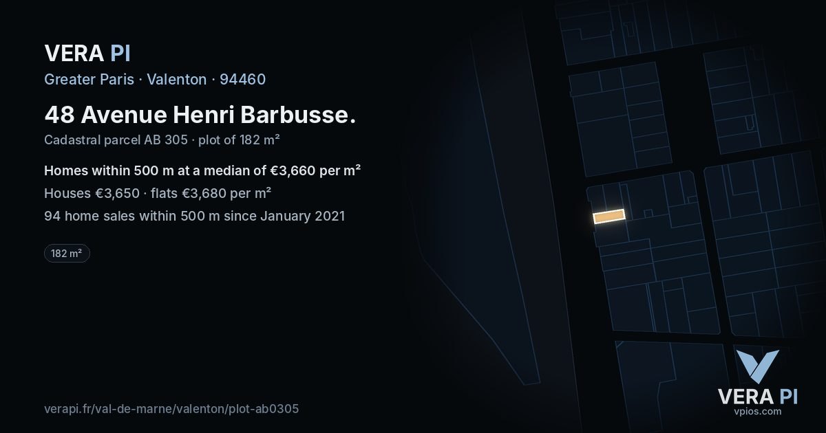 48 Avenue Henri Barbusse, Valenton at night – the plot lit, the parcels around coloured by the prices near them