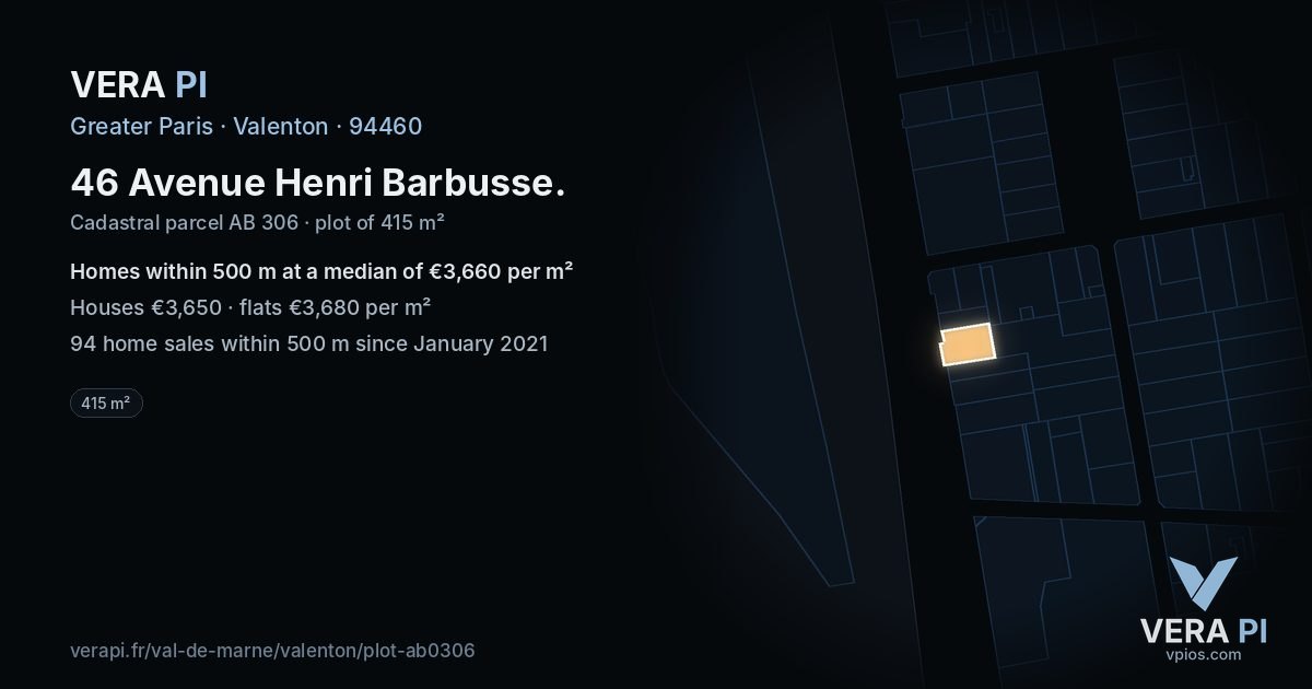 46 Avenue Henri Barbusse, Valenton at night – the plot lit, the parcels around coloured by the prices near them