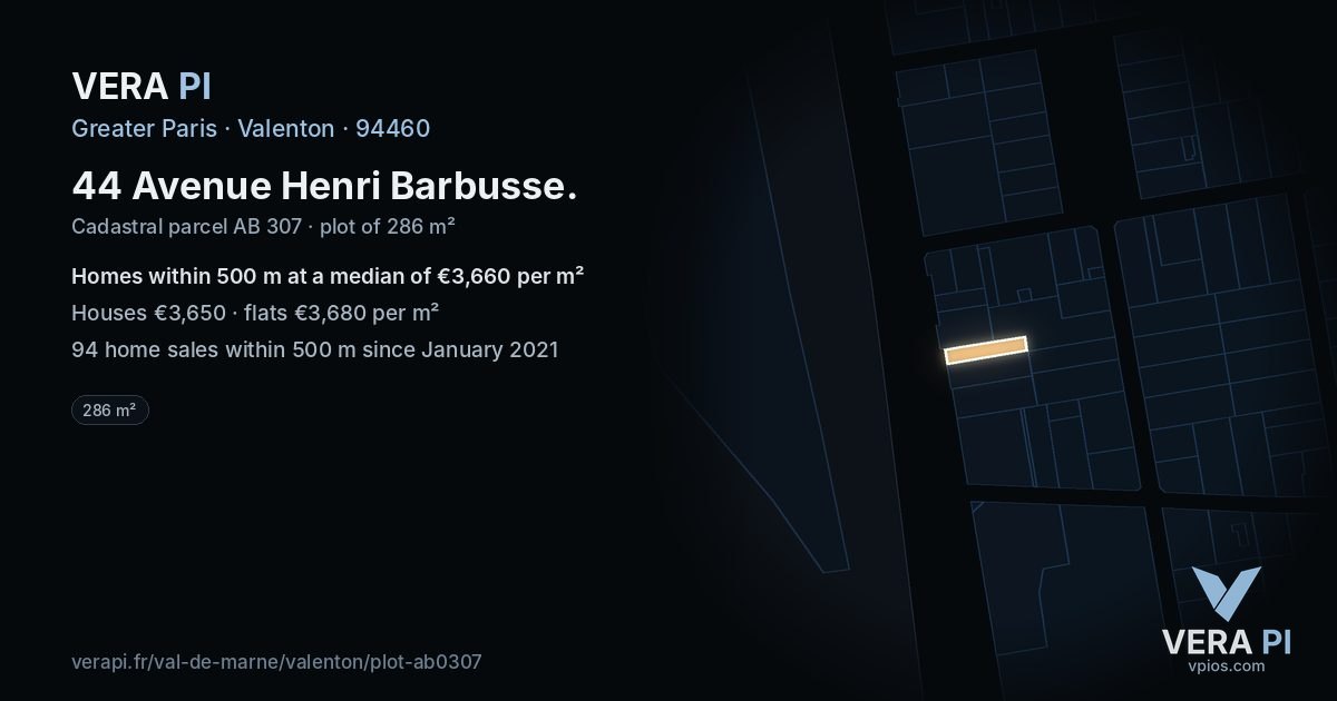 44 Avenue Henri Barbusse, Valenton at night – the plot lit, the parcels around coloured by the prices near them