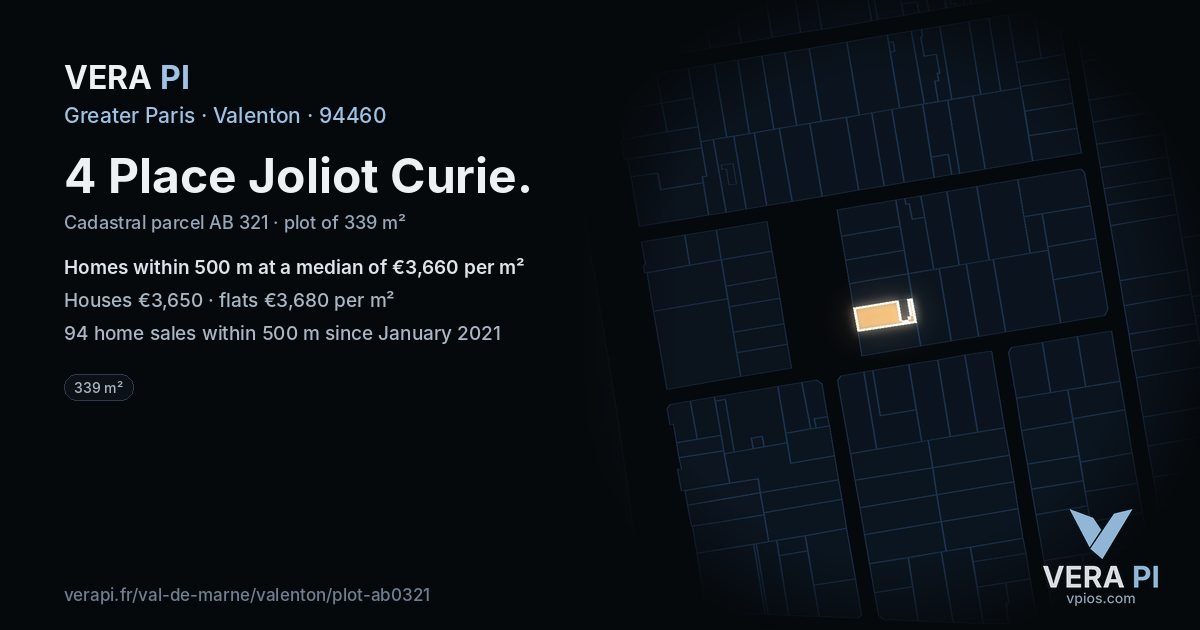 4 Place Joliot Curie, Valenton at night – the plot lit, the parcels around coloured by the prices near them