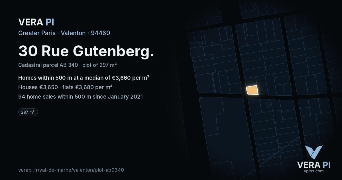 30 Rue Gutenberg, Valenton at night – the plot lit, the parcels around coloured by the prices near them