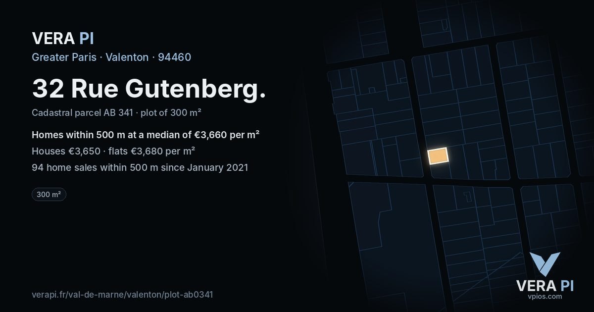 32 Rue Gutenberg, Valenton at night – the plot lit, the parcels around coloured by the prices near them