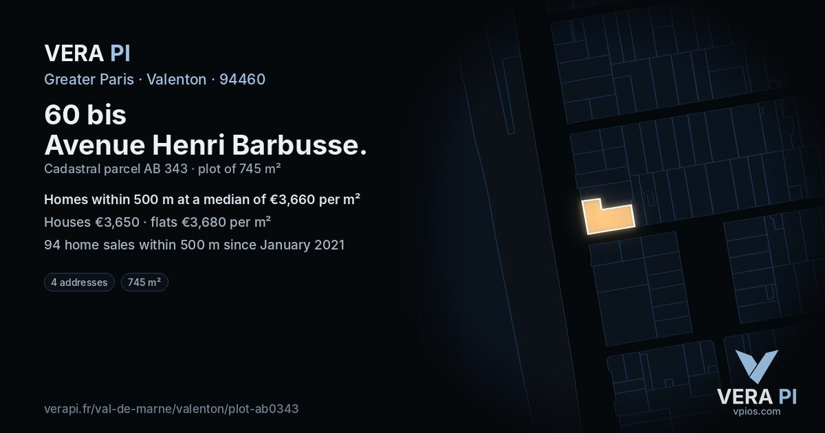 60 bis Avenue Henri Barbusse, Valenton at night – the plot lit, the parcels around coloured by the prices near them