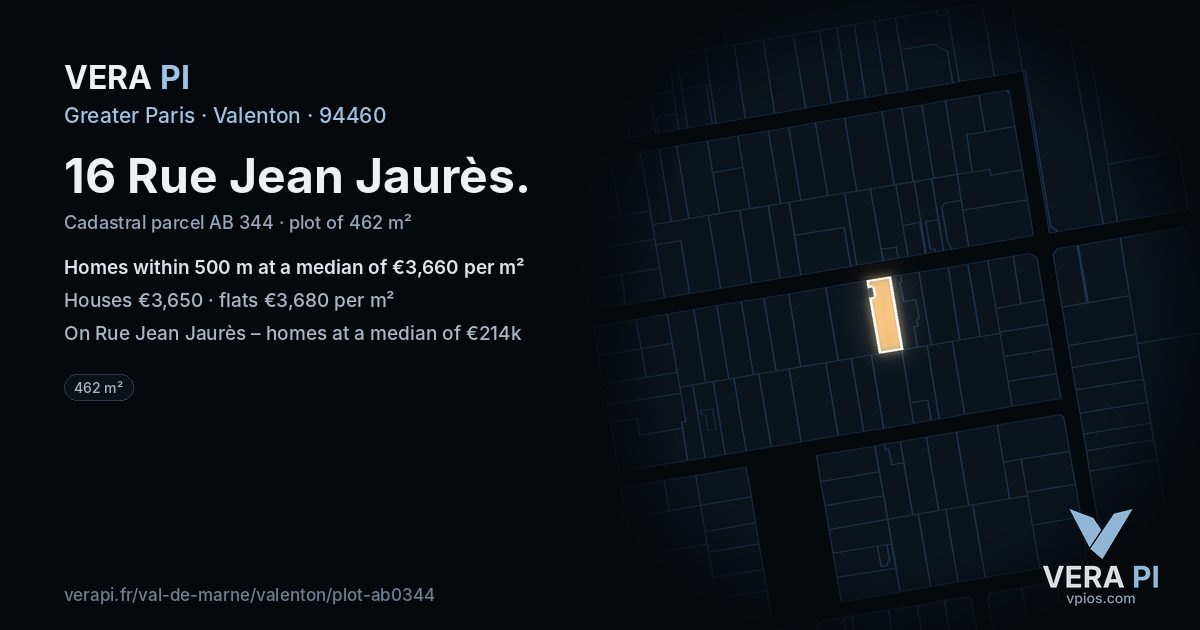 16 Rue Jean Jaurès, Valenton at night – the plot lit, the parcels around coloured by the prices near them