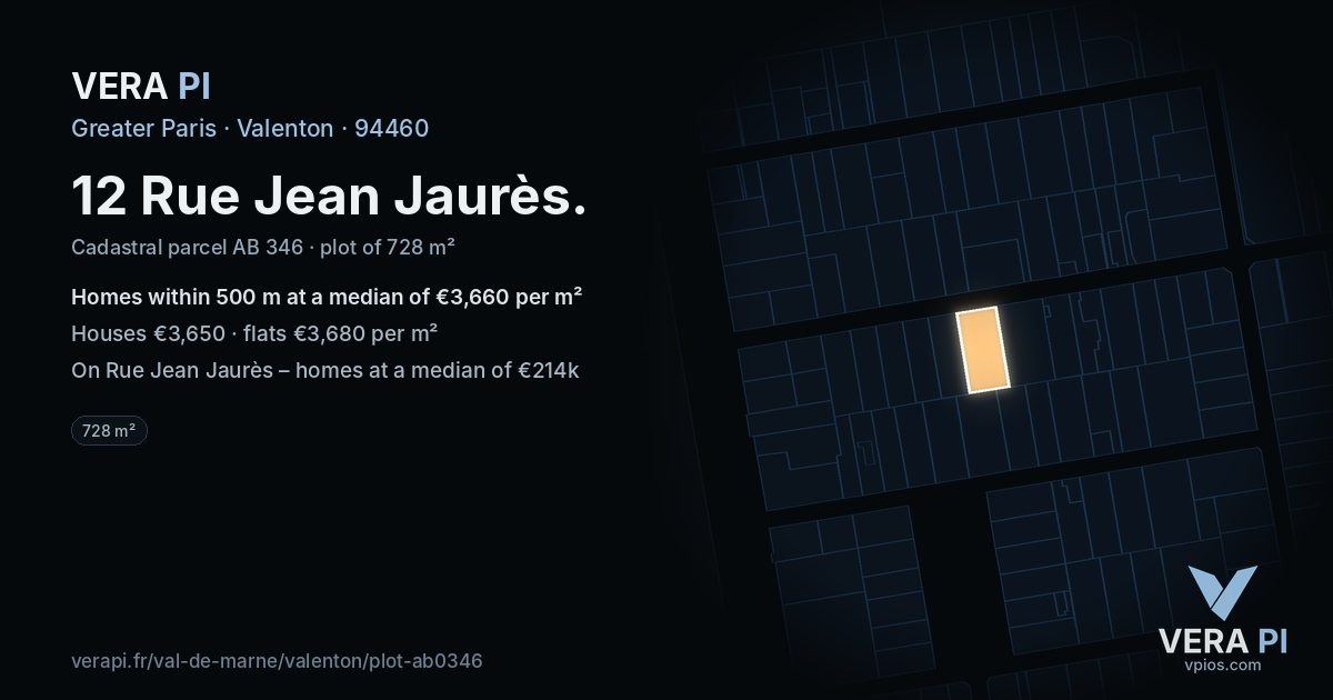 12 Rue Jean Jaurès, Valenton at night – the plot lit, the parcels around coloured by the prices near them