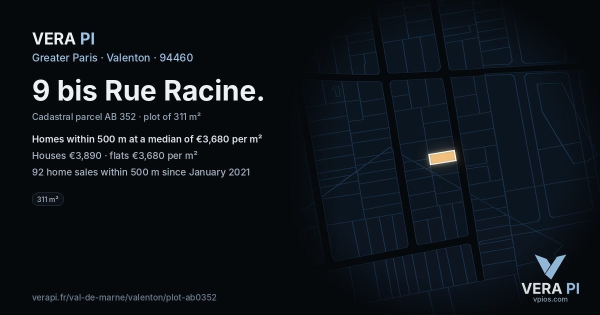 9 bis Rue Racine, Valenton at night – the plot lit, the parcels around coloured by the prices near them