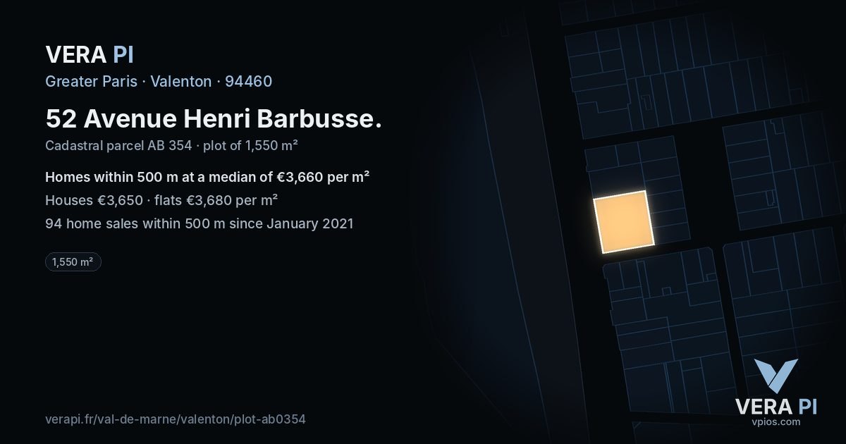52 Avenue Henri Barbusse, Valenton at night – the plot lit, the parcels around coloured by the prices near them