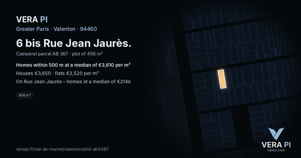6 bis Rue Jean Jaurès, Valenton at night – the plot lit, the parcels around coloured by the prices near them