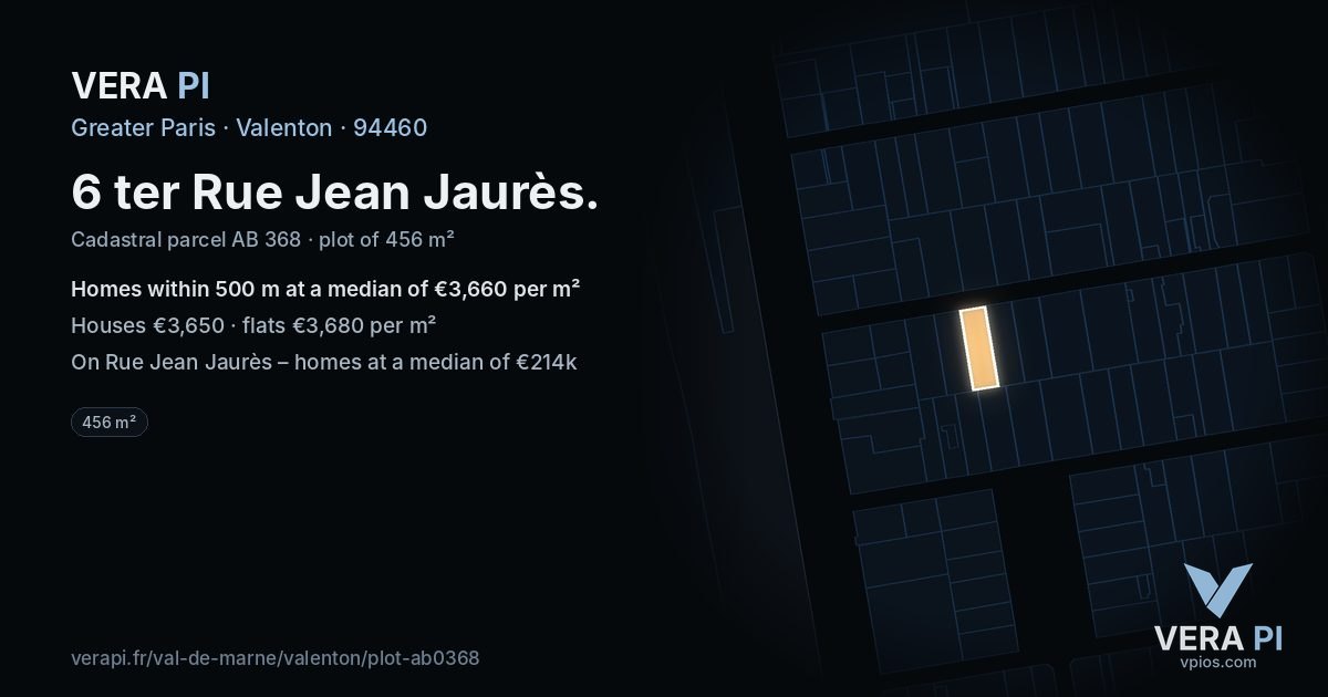 6 ter Rue Jean Jaurès, Valenton at night – the plot lit, the parcels around coloured by the prices near them