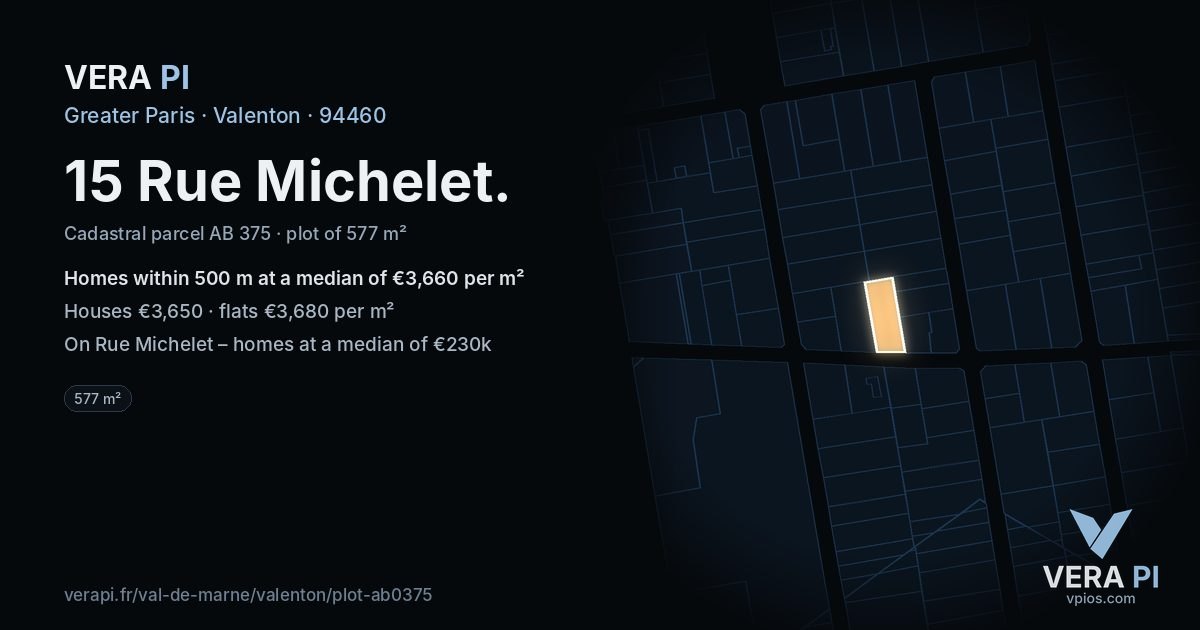 15 Rue Michelet, Valenton at night – the plot lit, the parcels around coloured by the prices near them