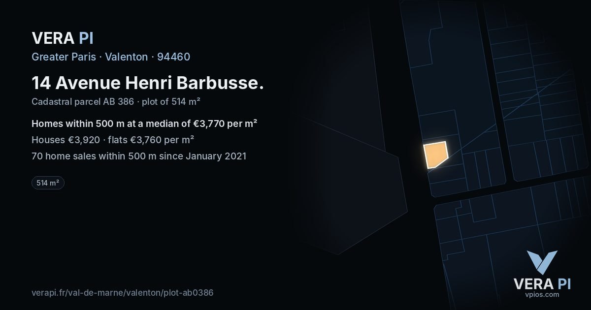 14 Avenue Henri Barbusse, Valenton at night – the plot lit, the parcels around coloured by the prices near them