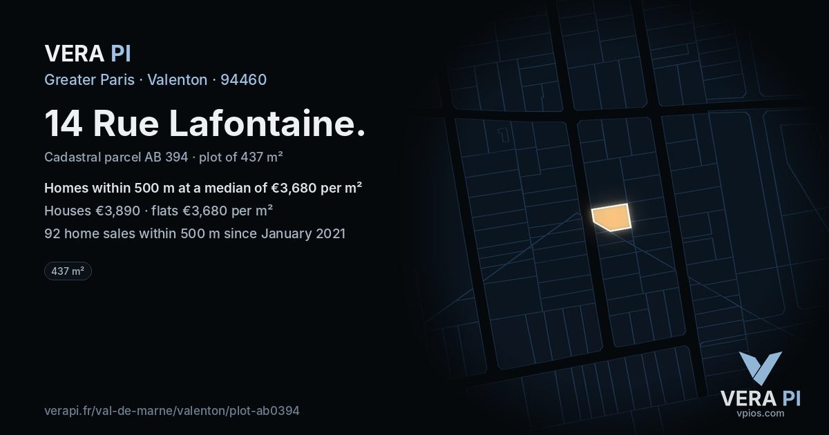 14 Rue Lafontaine, Valenton at night – the plot lit, the parcels around coloured by the prices near them