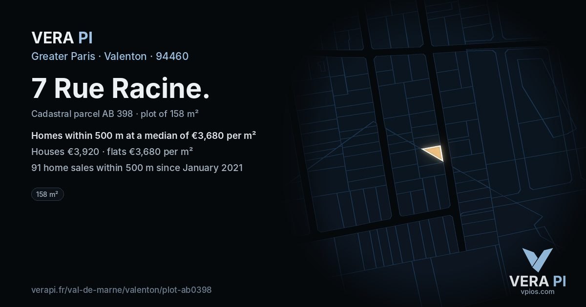 7 Rue Racine, Valenton at night – the plot lit, the parcels around coloured by the prices near them