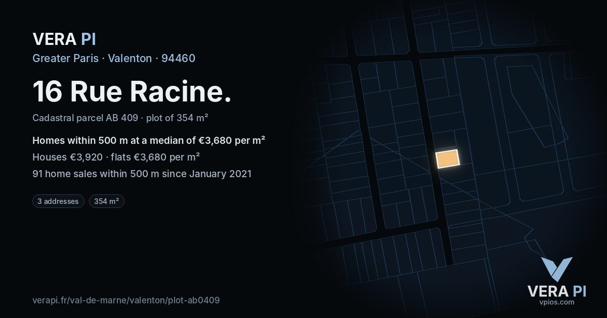 16 Rue Racine, Valenton at night – the plot lit, the parcels around coloured by the prices near them