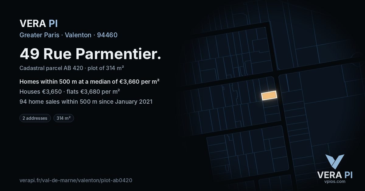 49 Rue Parmentier, Valenton at night – the plot lit, the parcels around coloured by the prices near them