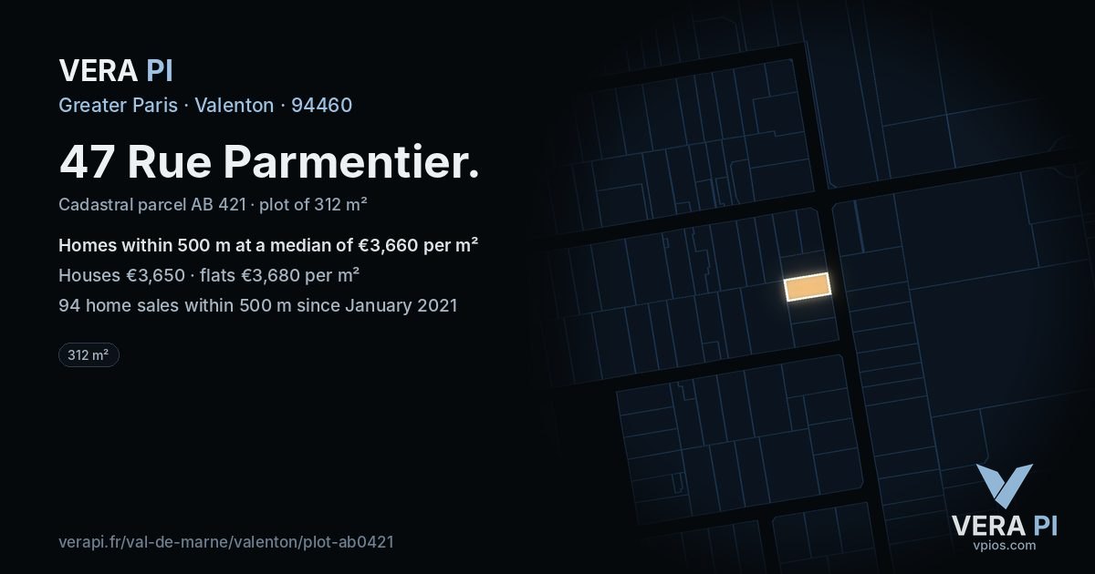 47 Rue Parmentier, Valenton at night – the plot lit, the parcels around coloured by the prices near them