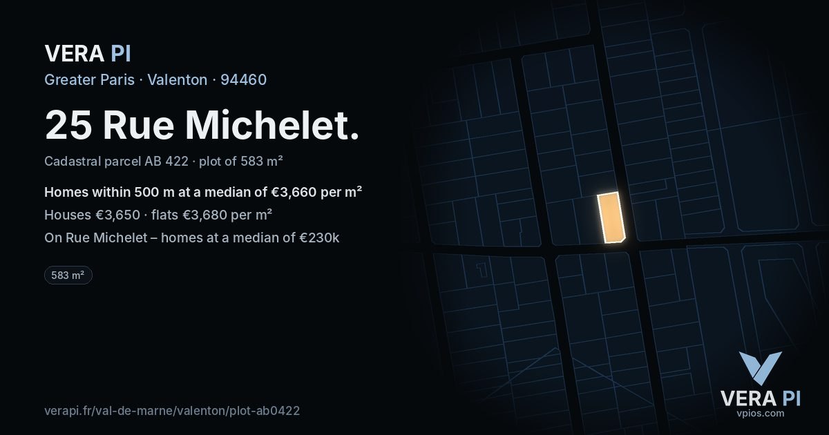 25 Rue Michelet, Valenton at night – the plot lit, the parcels around coloured by the prices near them