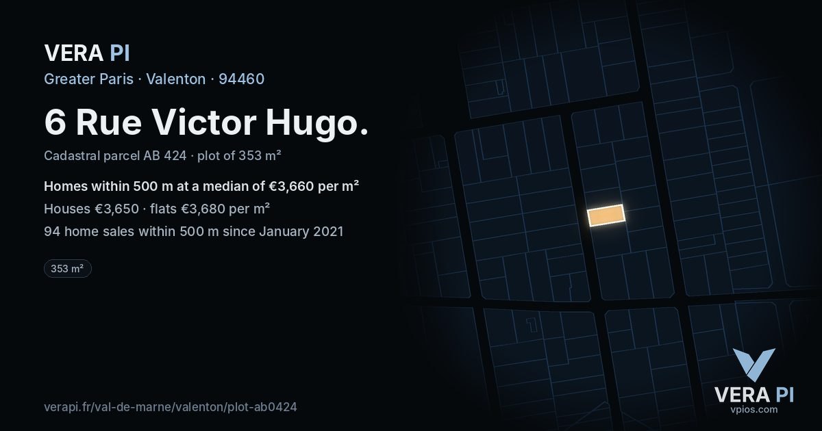 6 Rue Victor Hugo, Valenton at night – the plot lit, the parcels around coloured by the prices near them