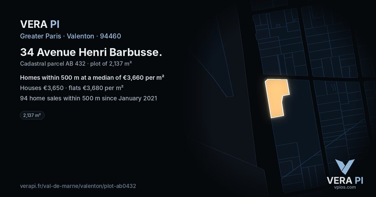 34 Avenue Henri Barbusse, Valenton at night – the plot lit, the parcels around coloured by the prices near them