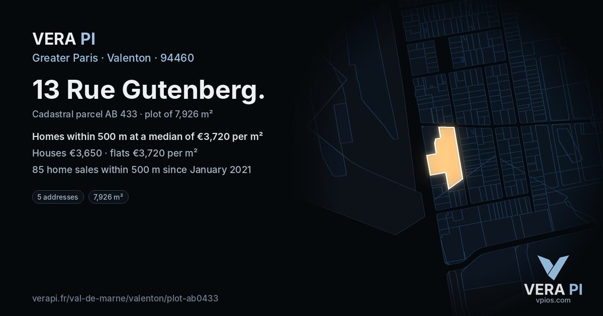 13 Rue Gutenberg, Valenton at night – the plot lit, the parcels around coloured by the prices near them