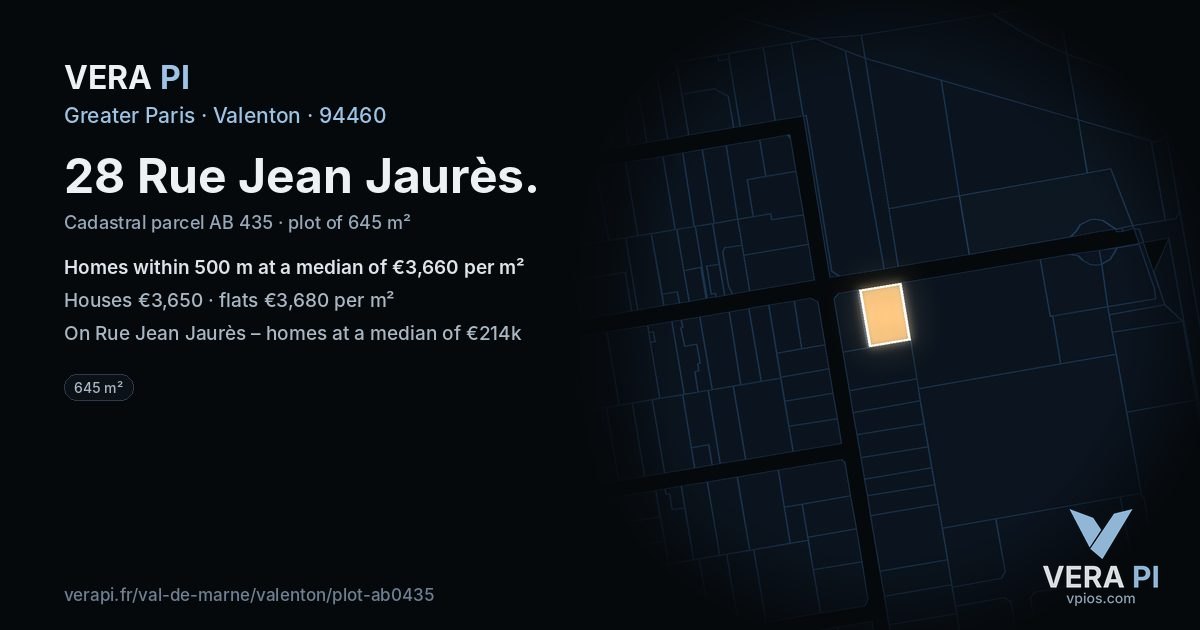 28 Rue Jean Jaurès, Valenton at night – the plot lit, the parcels around coloured by the prices near them