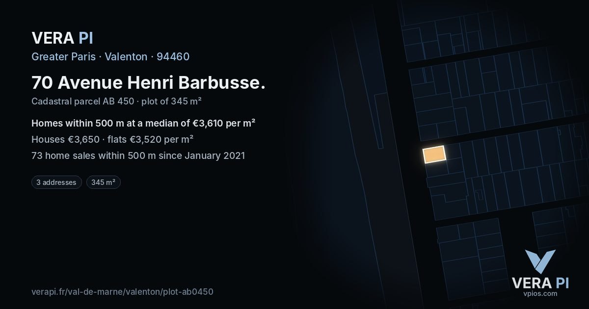 70 Avenue Henri Barbusse, Valenton at night – the plot lit, the parcels around coloured by the prices near them