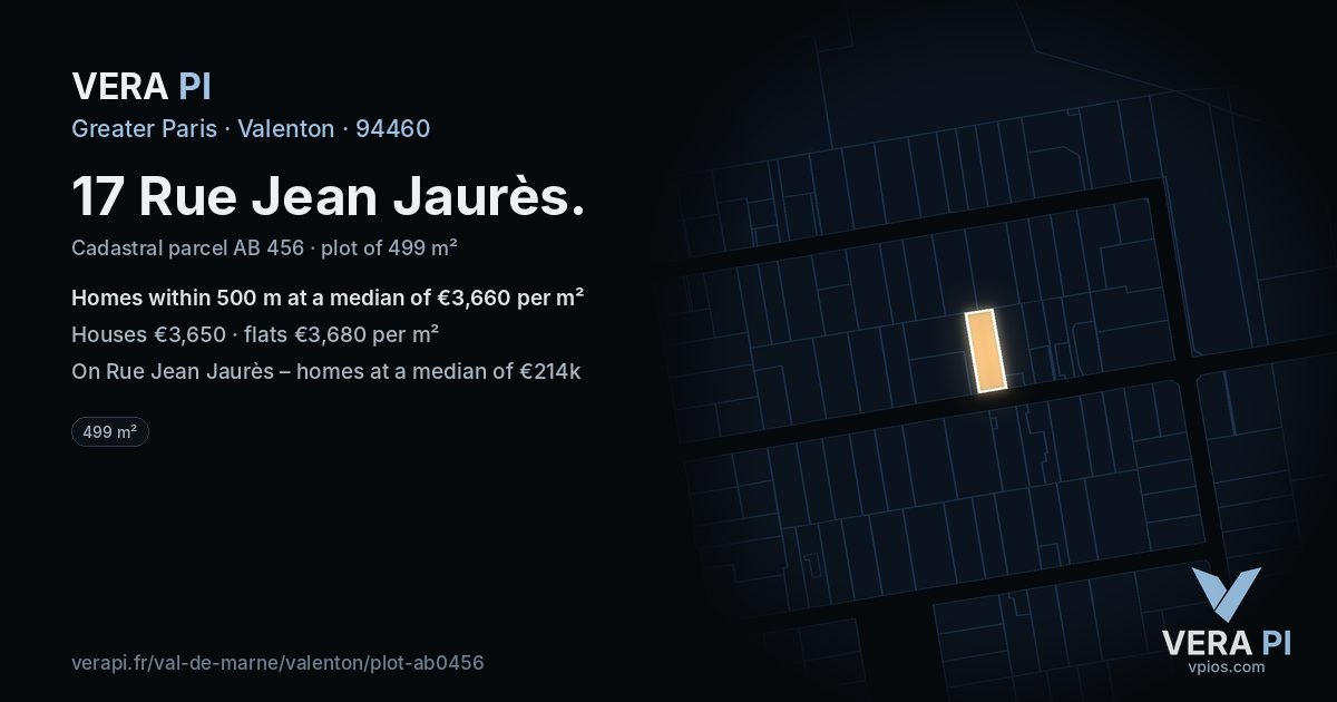 17 Rue Jean Jaurès, Valenton at night – the plot lit, the parcels around coloured by the prices near them