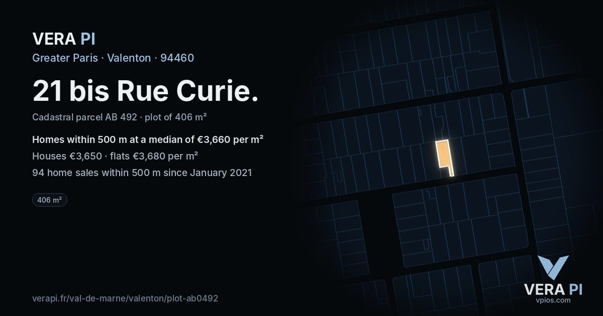 21 bis Rue Curie, Valenton at night – the plot lit, the parcels around coloured by the prices near them