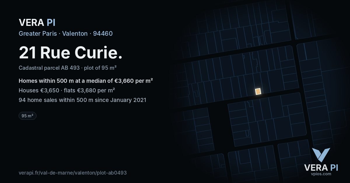 21 Rue Curie, Valenton at night – the plot lit, the parcels around coloured by the prices near them