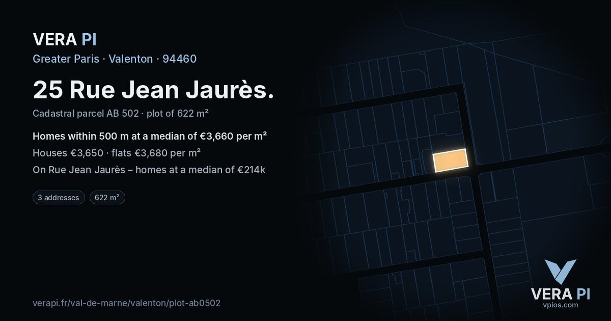 25 Rue Jean Jaurès, Valenton at night – the plot lit, the parcels around coloured by the prices near them