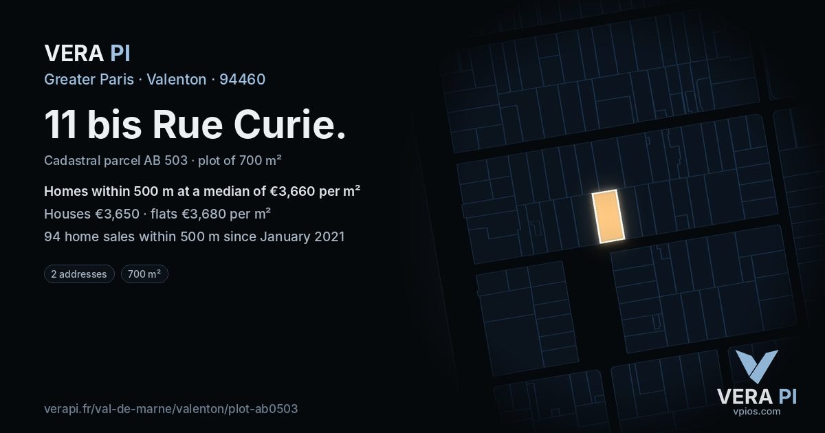 11 bis Rue Curie, Valenton at night – the plot lit, the parcels around coloured by the prices near them